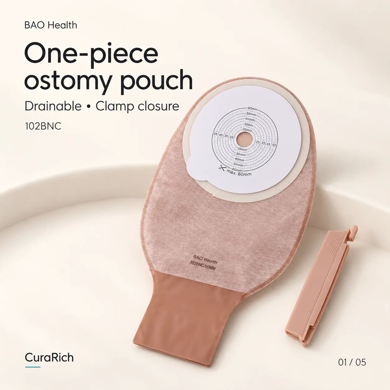 BAO Health 102BNC One-Piece Drainable Colostomy & Ileostomy Pouch – Cut-to-Fit up to 60 mm, Clamp Closure image 2