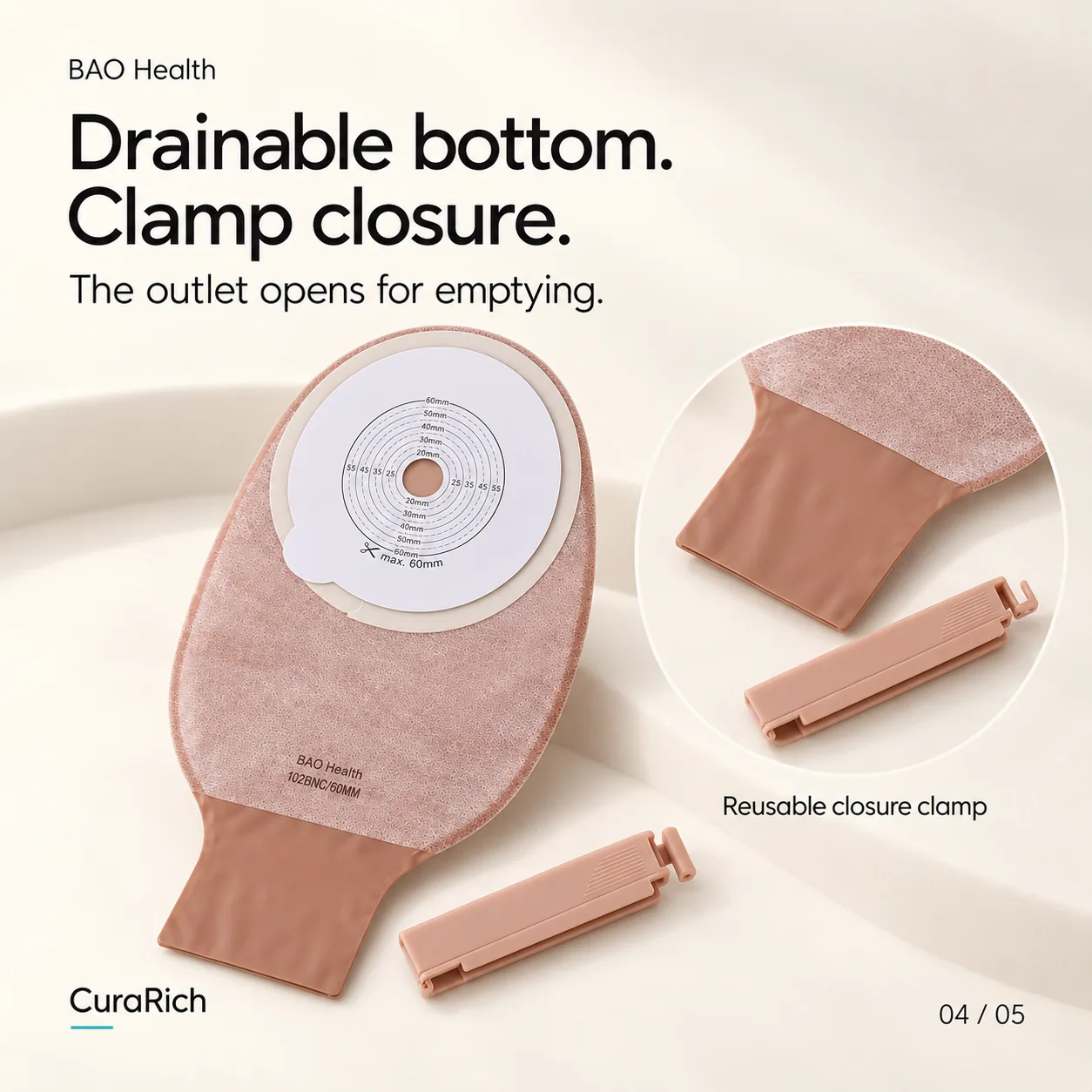 BAO Health 102BNC One-Piece Drainable Colostomy & Ileostomy Pouch – Cut-to-Fit up to 60 mm, Clamp Closure image 5