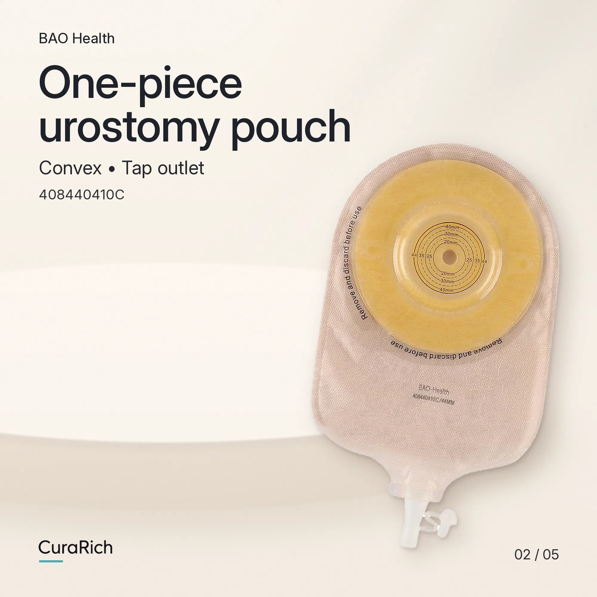 BAO Health 408440410C One-Piece Convex Urostomy Pouch – Cut-to-Fit up to 44 mm, Tap Outlet, Anti-Reflux