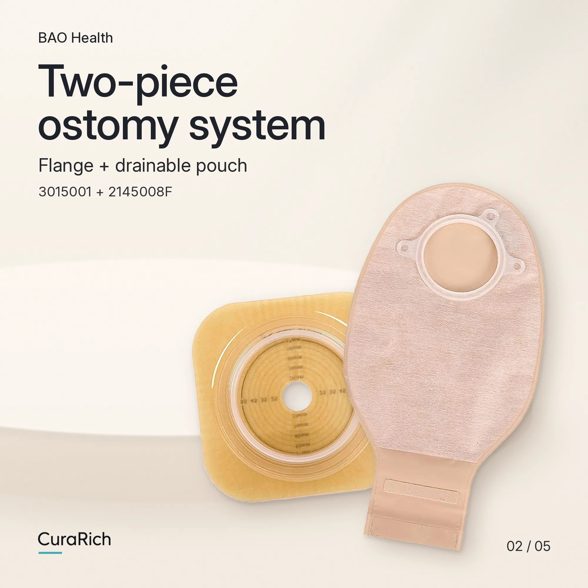 BAO Health 3015001 + 2145008F Two-Piece Ostomy System – 50 mm Skin Barrier Flange & Drainable Pouch with Filter, Velcro Closure, for Colostomy & Ileostomy