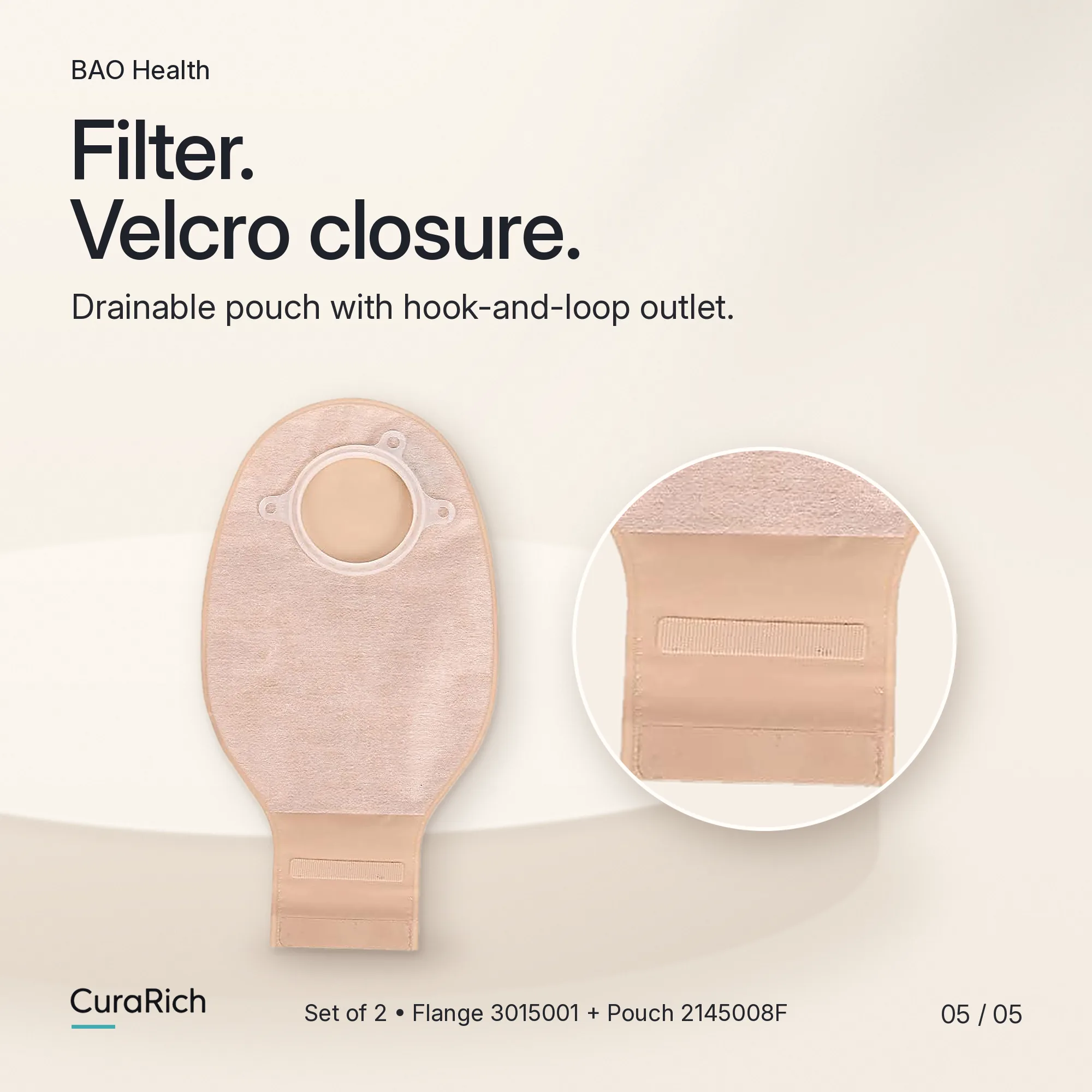 BAO Health 3015001 + 2145008F Two-Piece Ostomy System – 50 mm Skin Barrier Flange & Drainable Pouch with Filter, Velcro Closure