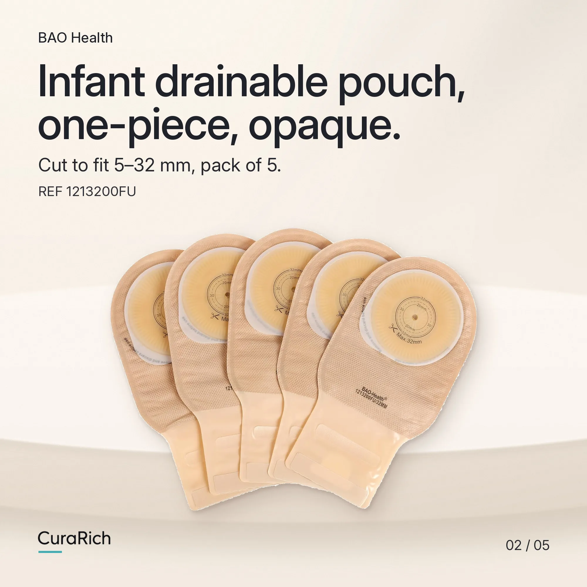 BAO Health Infant One-Piece Drainable Ostomy Pouch, Opaque, Hook-and-Loop Closure, Cut to Fit 5–32 mm, REF 1213200FU image 2