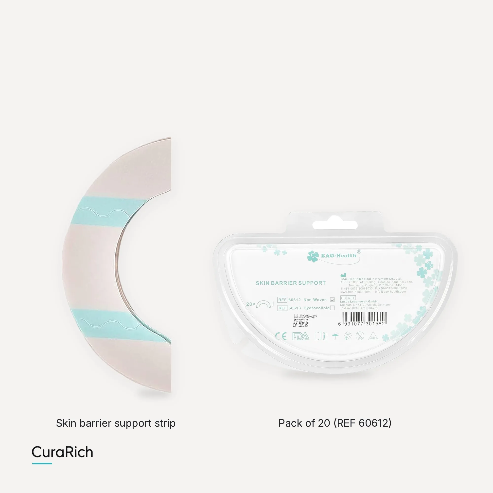 BAO Health 60612 Skin Barrier Support (C-Tape) – Curved Non-Woven Ostomy Barrier Strips for Flange Edges